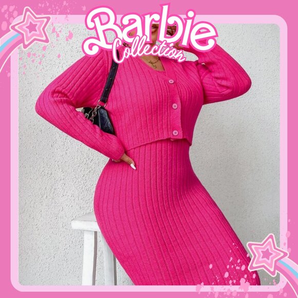✅ Plus Size Ribbed Knit Cardigan & Cami Sweater Dress - Picture 1 of 7